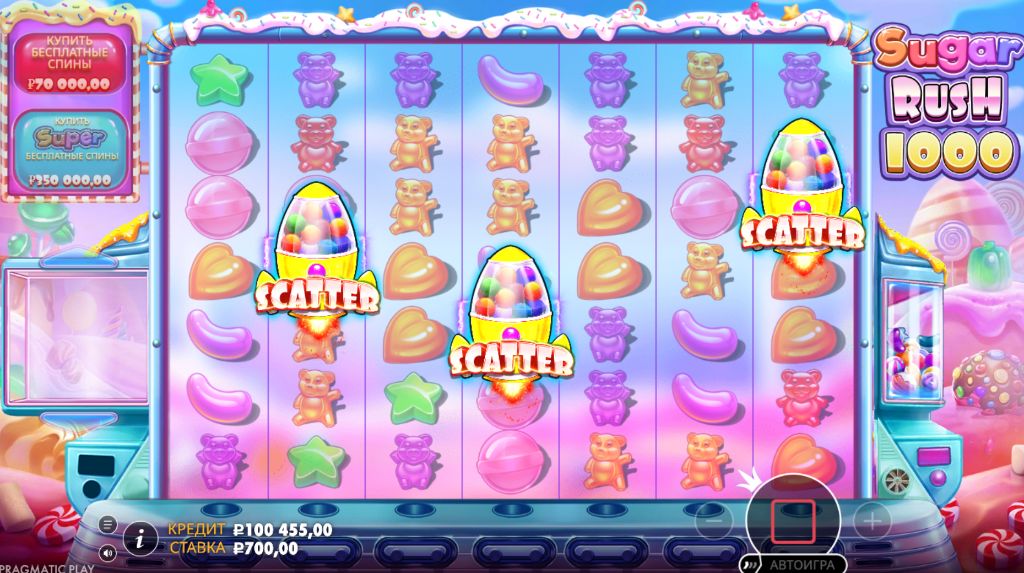Три ракеты-скаттера на поле Sugar Rush 1000 запускают раунд из 10 фриспинов